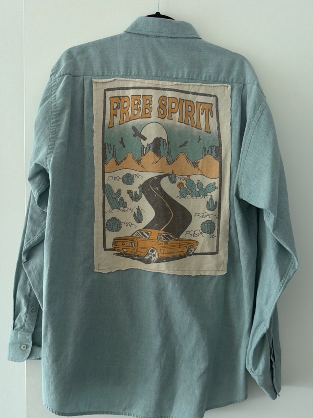 Westport Light Teal Button-Down Shirt with Desert 'Free Spirit' Back Graphic
